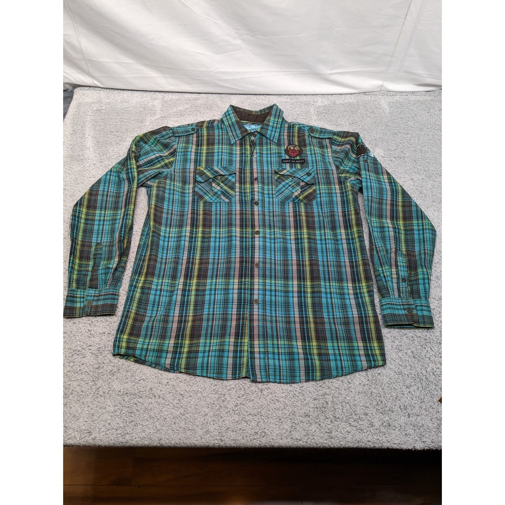 Modern Culture Shirt Mens XL Teal Tartan Plaid‎ Patches Rugged Preppy Retro Y2K